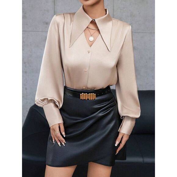 Aveloria Long Sleeve Blouse Hollow Open Front Oversized Collar Champagne L 8/10 - Picture 1 of 6